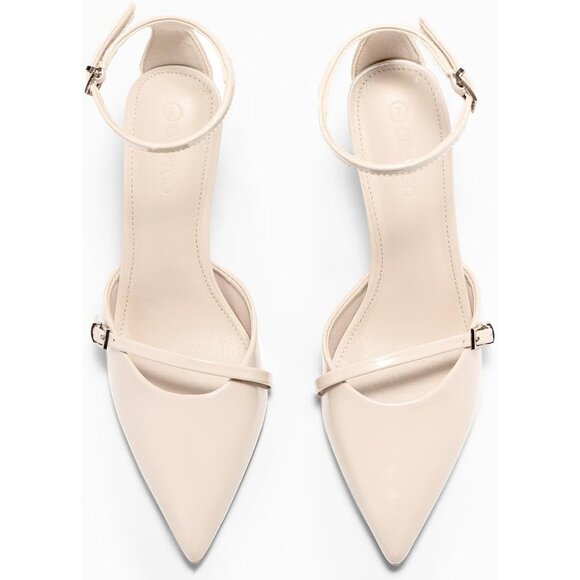 Coutgo Women's Beige Closed Pointed Toe Ankle Buckle Strap Pumps High Heels - Picture 3 of 4